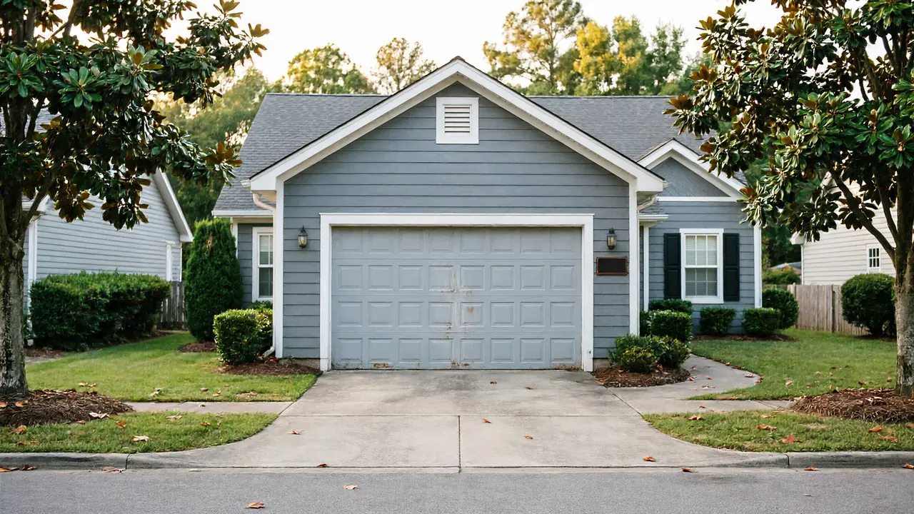The house has gray siding, a gray garage door, and a concrete driveway.
