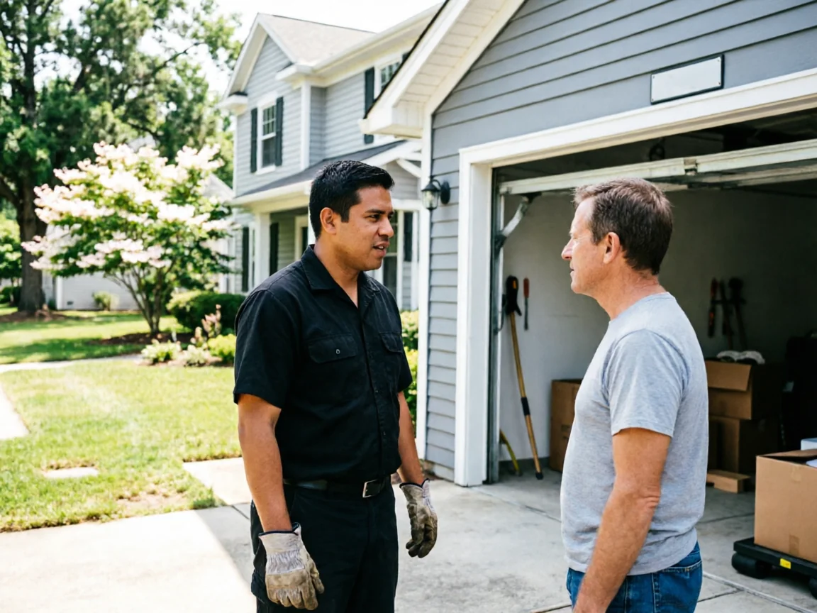 A technician in a black shirt talks to a man in a gray shirt outside a garage.