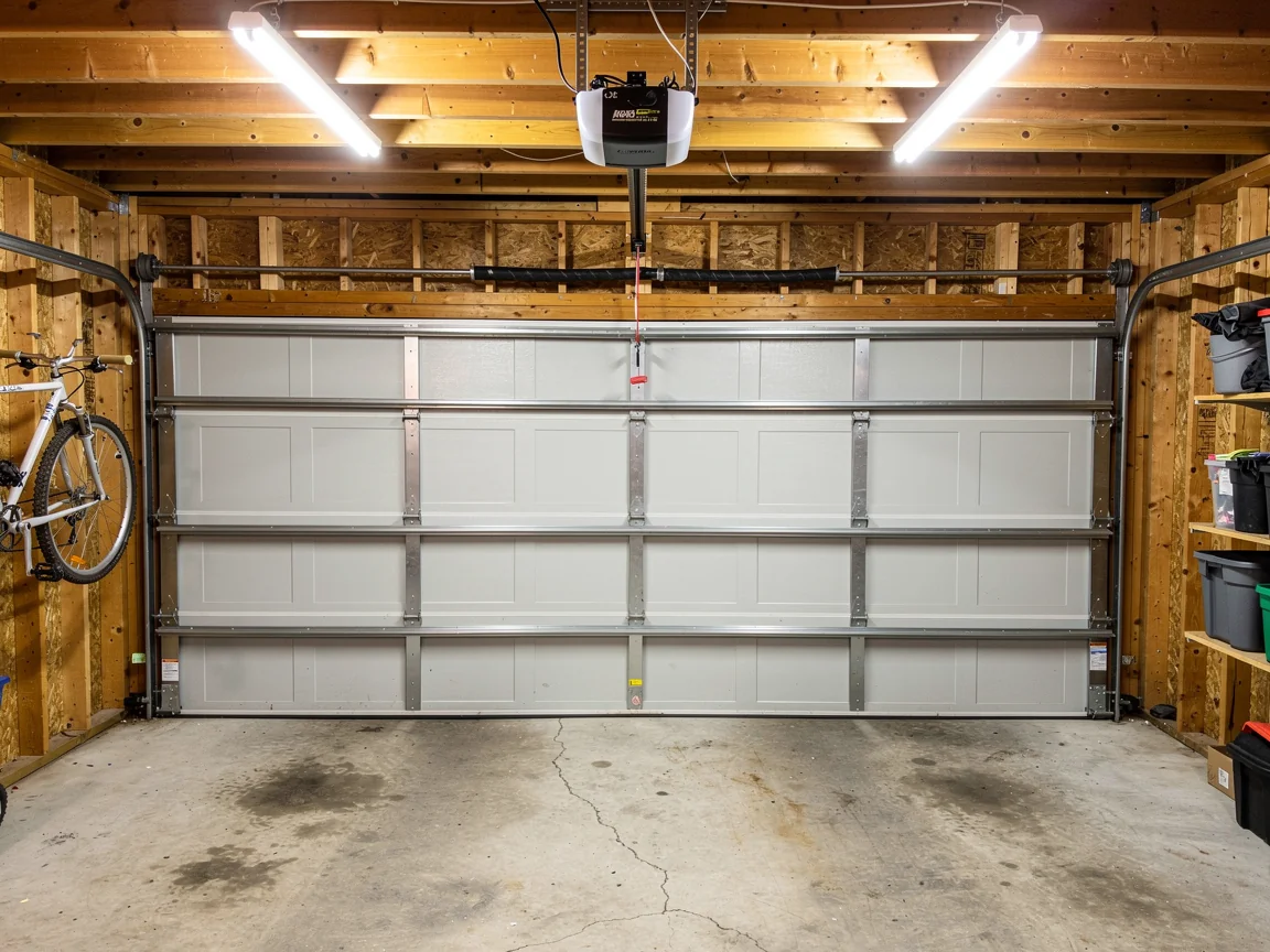 A white garage door is closed inside a garage with wooden walls and a concrete floor.
