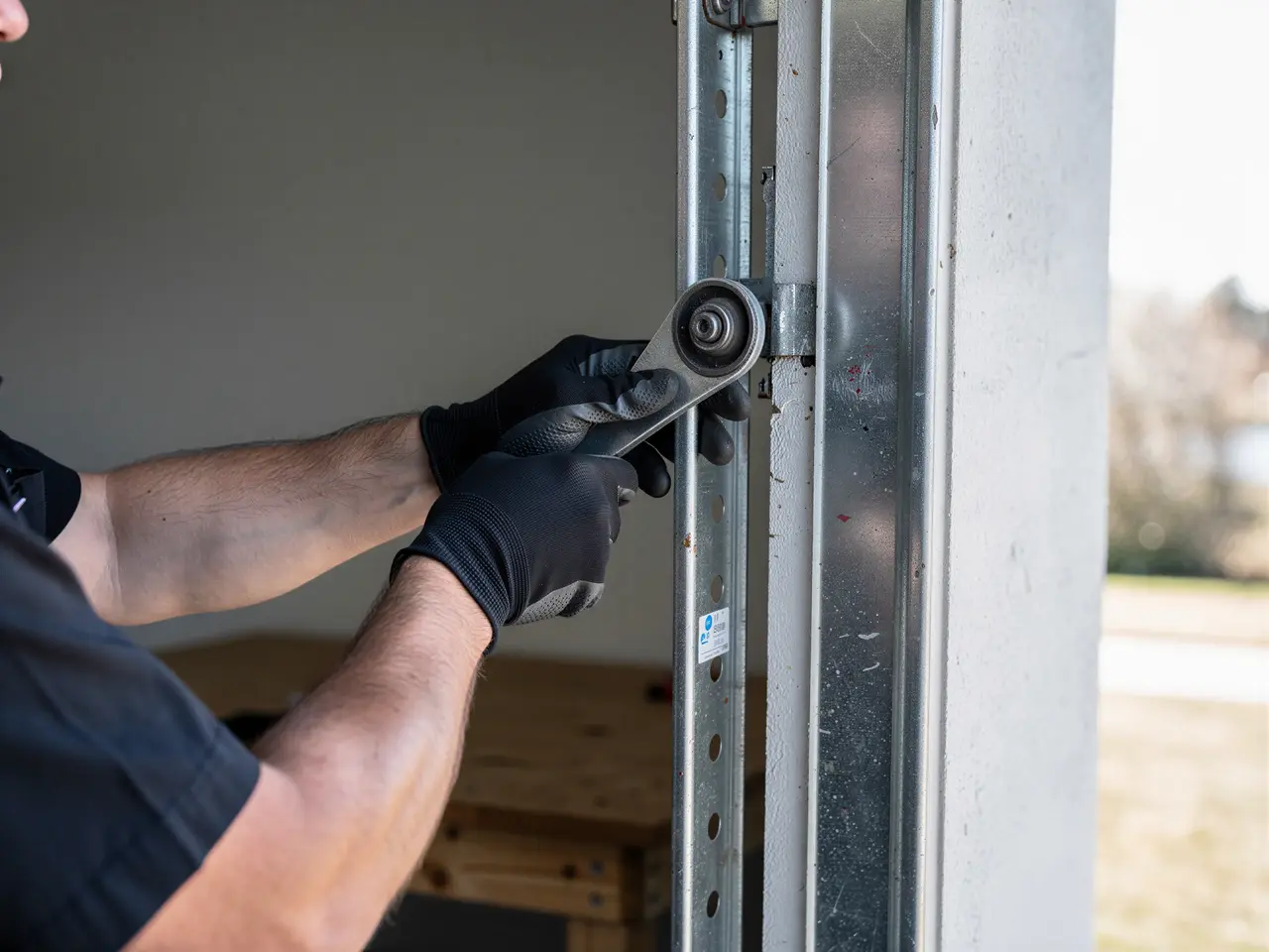 A technician in black gloves adjusts a garage door roller in a metal track.