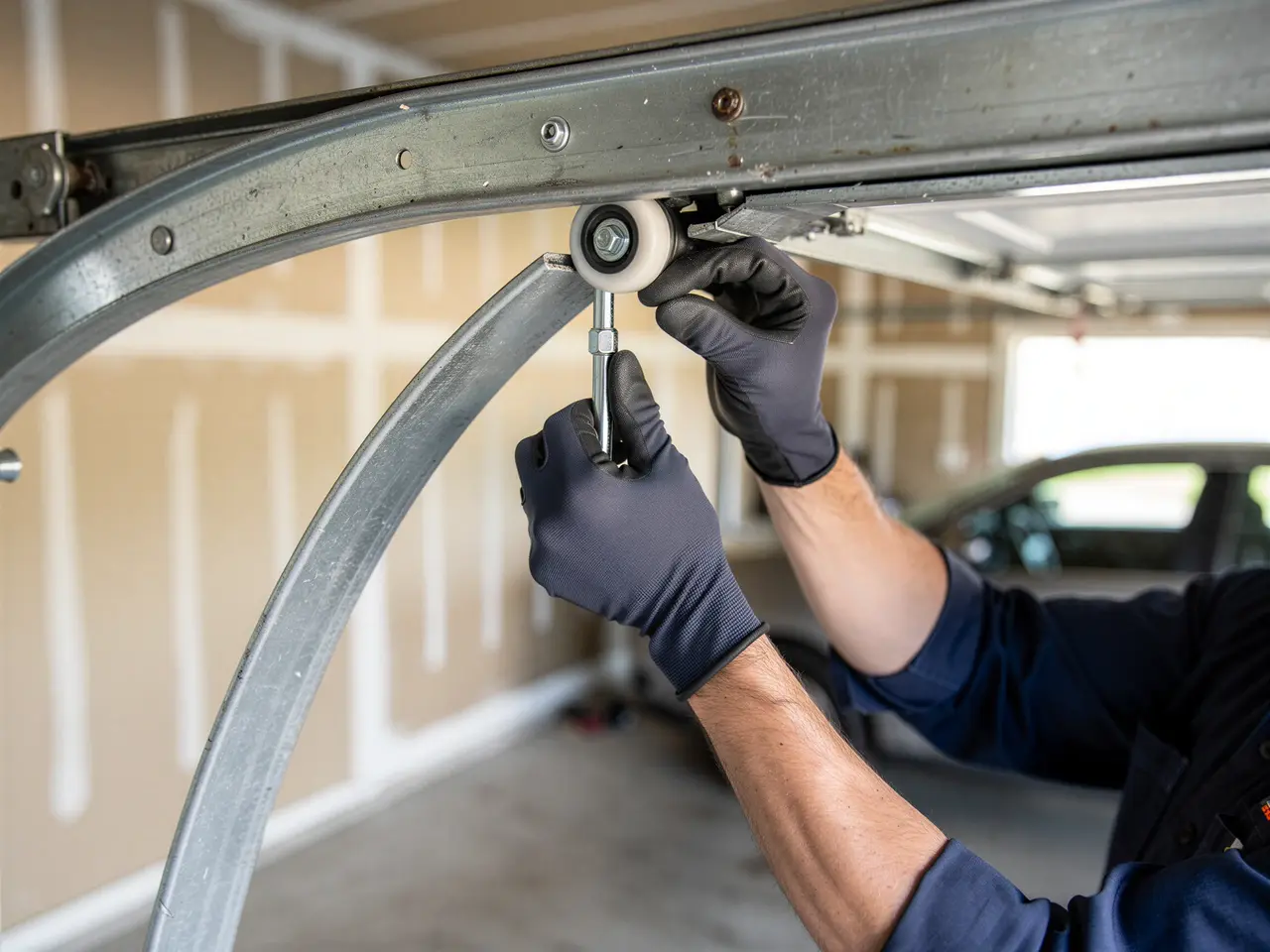 A technician in black gloves adjusts a garage door roller on a curved track.