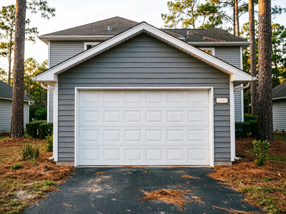 A white paneled garage door is on a gray house with pine trees.