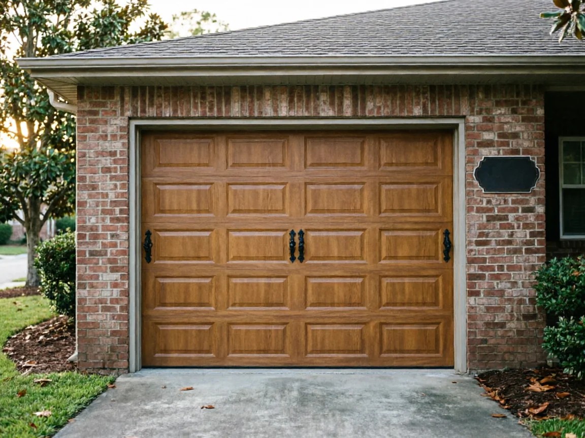 The house has a brown garage door with decorative black handles and a brick facade.